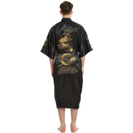 Mens Robe Chinese Silk Embroidered Dragon Pattern Kimono Bathrobe Yukata Pajamas with Waistband and Pockets (Black)