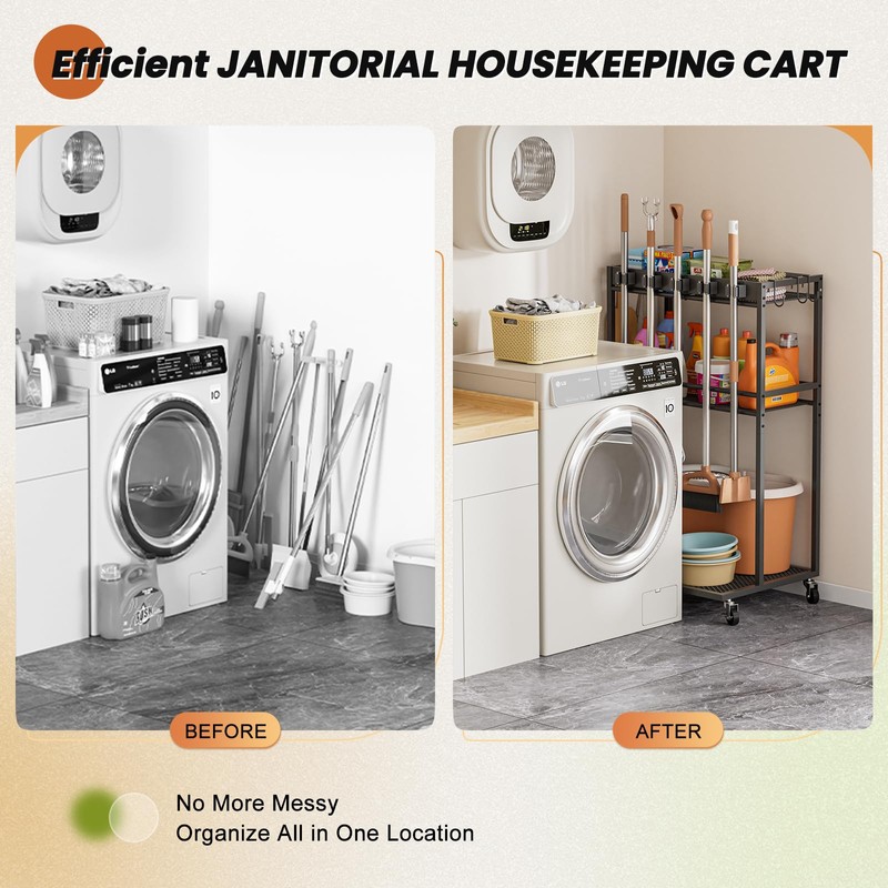 Broom Holder with Cleaning Supplies Organizer, Broom Closet Storage Cabinet