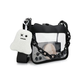 DOB SECHS Clear Crossbody Bag for Concert Stadium Approved Transparent Shoulder Handbag for Women with Chain Strap, Cute Pendent, for Sports Events Beach, Black