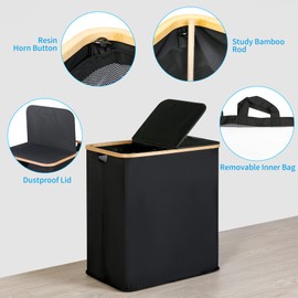 efluky Laundry Hamper with Lid, Double Laundry Hamper with 2 Removable Bags, 2 Section Laundry Hamper with Bamboo Handles for Bedroom, Bathroom & Laundry Room, 140L (36.9 Gallon) Black