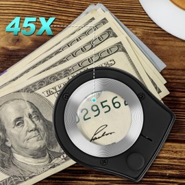 45X Jewelry Magnifier with 6 Light, Rechargeable Desktop Portable Coin Magnifier Sewing Magnifing Glass for Textile Optical Jewelry Tool Coins Currency Black