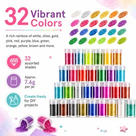 32 Colors Fine Glitter, Extra Fine Glitter Powder, Craft Glitter Paint Festival Accessories Gems, Body Nail, DIY Tumbler Painting Cards, Wedding Christmas Decoration, Rainbow Body Glitter