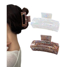 Kajeer 2 Pack Large Acrylic Hair Claw Clips for Women, 3.93 Inch Non-Slip Strong Hold Rectangle Hair Clip for Fine Thin Thick Hair (White + Gold)