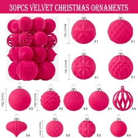 30pcs Velvet Christmas Ball Ornaments, Flocked Shatterproof Christmas Ornaments Hanging Xmas Tree Decorations Set for Home Party Holiday Decor (Multi-Size, Fuchsia Pink)