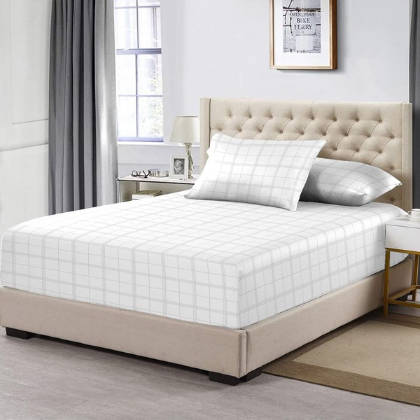 Pizuna Cotton White Big Checks Fitted Bed Sheets Double, 300