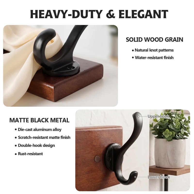 PEOIAOY Wall Mounted Coat Hooks, 5 Dual Hooks, 17.72 Inches