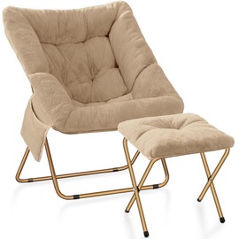 Osumlee Comfy Saucer Chair for Adults, Foldable Living Room Chairs, Soft Faux Fur Lounge Chair for Bedroom, Reading Chairs, X-Large (Ottoman-Beige)