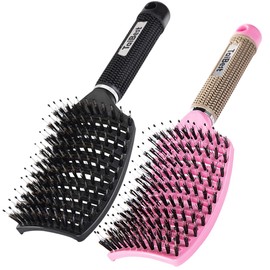 TaiBest Boar Bristle Hair Brush Set - Dry/Wet Hair Brush Detangler for Fine, Thick, Curly Hair - Curved and Vented Hair Brush for Women, Men or Kids (Black & Pink)