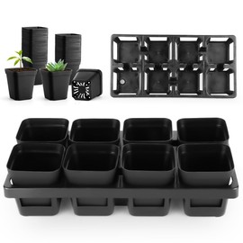 8 Cell Nursery Pots Trays 6 Pack (12" x 6"), 3 inch Square Plastic Nursery Pots 48 Pcs, Durable Carrying Seed Starter Tray, Planting Trays for Holding Small Seedling Pots with Drain Holes (Black)