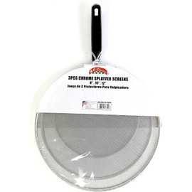 Bene Casa - Fine Mesh Chrome Splatter Shields with Cool Touch Handles and Hanging Loop Handle- 3 Piece Set (8",10", and 12") - Dishwasher Safe