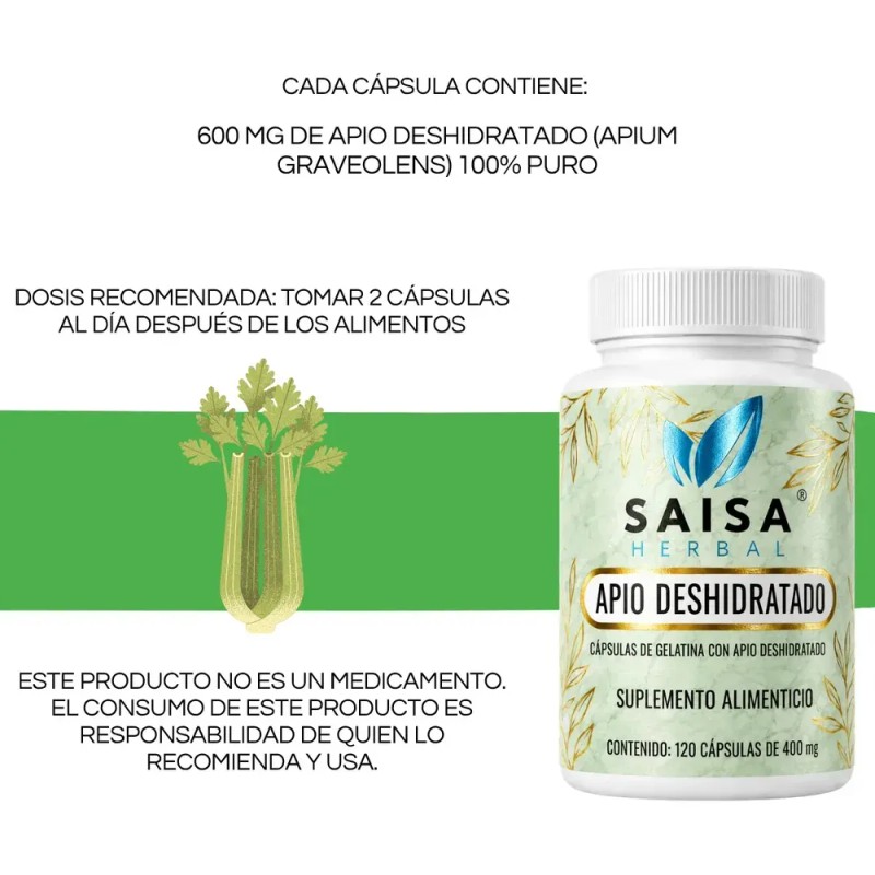 Apio Deshidratado 120 Cpsulas SAISA HERBAL Diurtico Natural, Apoyo Digestivo