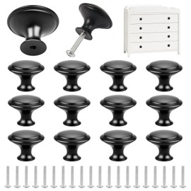 Pack of 12 Furniture Knobs Black 30 mm Cabinet Knobs Black Stainless Steel Cabinet Handles Round Dresser Knobs with Screws Knob for Cupboard for Drawer, Kitchen, Bathroom, Wardrobe, Chest of Drawers