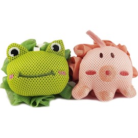 Esponjas de ducha para niños, linda forma de rana y pulpo, esponja exfoliante corporal para baño de niños pequeños, esponja de malla para esponjas de baño paquete de 2, diseñada para bebés,
