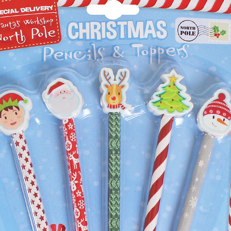 5 Pack Christmas Pencils with Novelty Character Eraser Tops