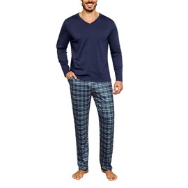 Bresdk Mens Pyjamas Set Cotton Pjs Sets Long Sleeve Tops V Neck Nightwear Plaid Pajama Bottoms Loungewear Sets, Navy/Green, XXL