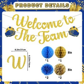 Welcome To The Team Banner Gold, Welcome Banner Circle Dots Garland Hanging Swirls Paper Flowers Honeycomb Balls, Welcom e Decorations for Employee Office Teacher Colleague Staff
