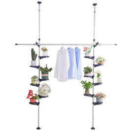 BAOYOUNI Indoor Tension Plant Pole Stands Double Rods Flower Pots Storage Shelf Floor to Ceiling Display Rack Hanger with 12 Trays, 2 Hooks & 1 Telescopic Rod for Clothes Drying, Navy Blue