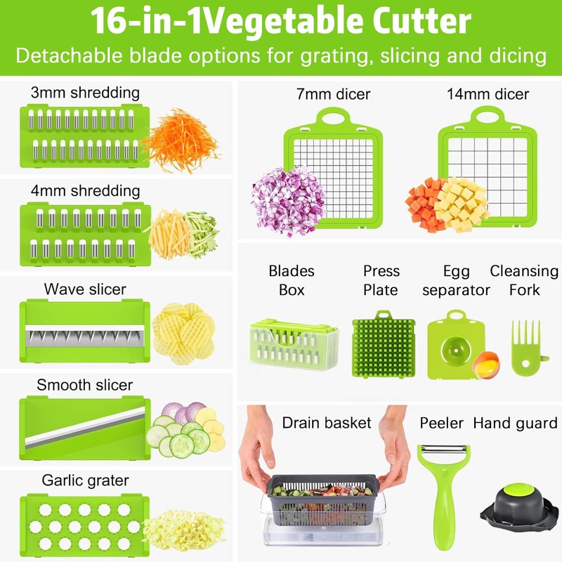 Vegetable Chopper w/Container, 16-in-1 Multifunctional Kitchen Mandoline Slicers and Vegetable