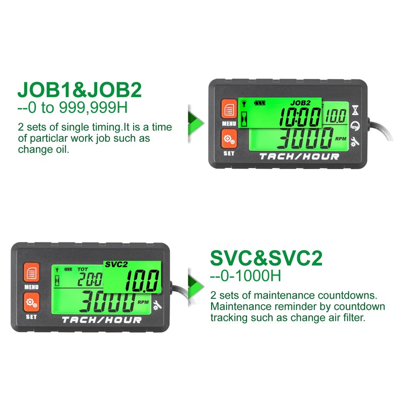Yooreal Digital Hours Meter Tachometer,with Clips Backlight,Waterproof for Lawn Mower
