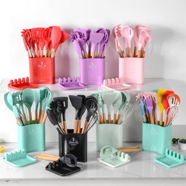 BRIIEC Purple Silicone Cooking Utensils Set, 13pcs Kitchen Tools with Wooden Handle, Rest for Utensils and Pot Lid, Non-Stick Silicone Spatula, Tongs, Whisk.