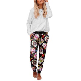 Deerose - Pantalones deportivos para mujer del 4 de julio con bandera americana, Calavera de alfeñique, L