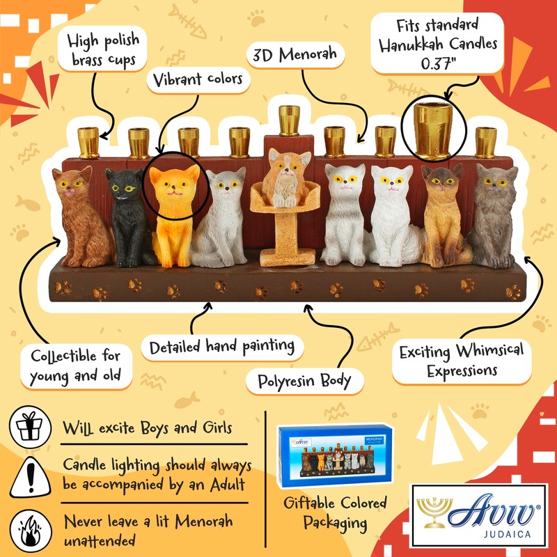 Aviv Judaica Hanukka Cat Menorah - 3D Sculptured Cats and
