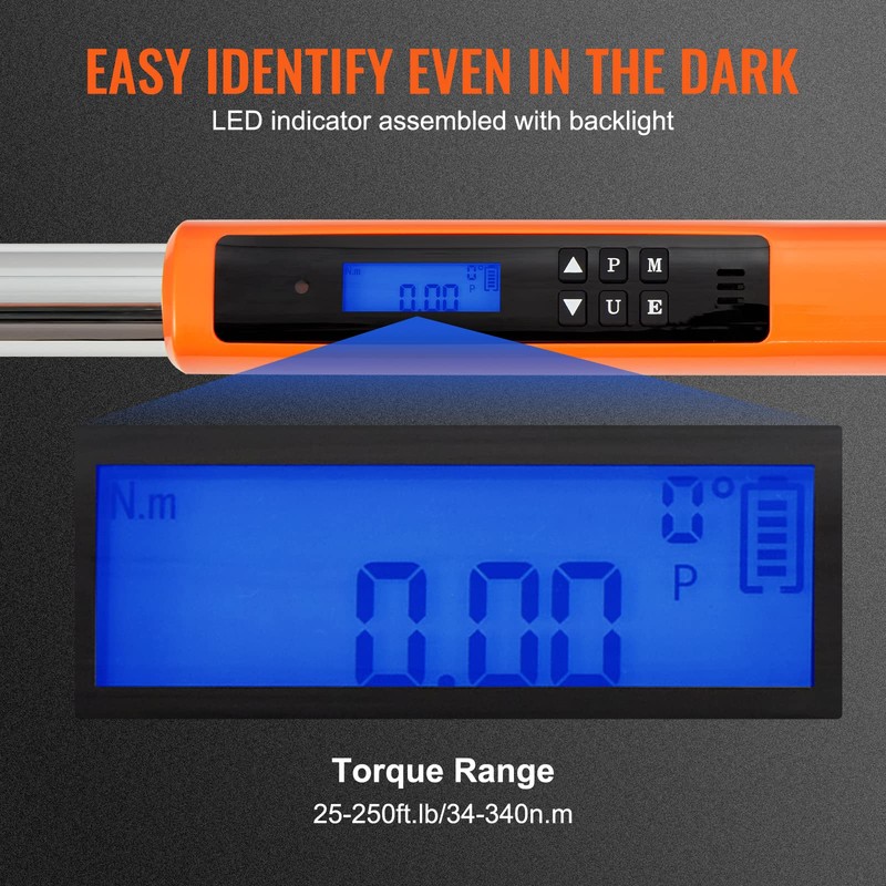 VEVOR Digital Torque Wrench 1/2" Drive(25-250ft.lb/34-340n.m), ±2% Torque Accuracy, 3-Mode