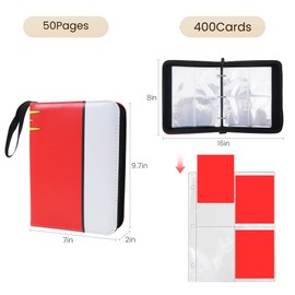 Card Binder 4 Pocket, Trading Card Binder Fits 400 Cards with 50 Removable Sleeves Portable Zippered Game Card Album Organizer Book for Collectible Sports Gaming Cards Storage and Travel Gifts​​ A