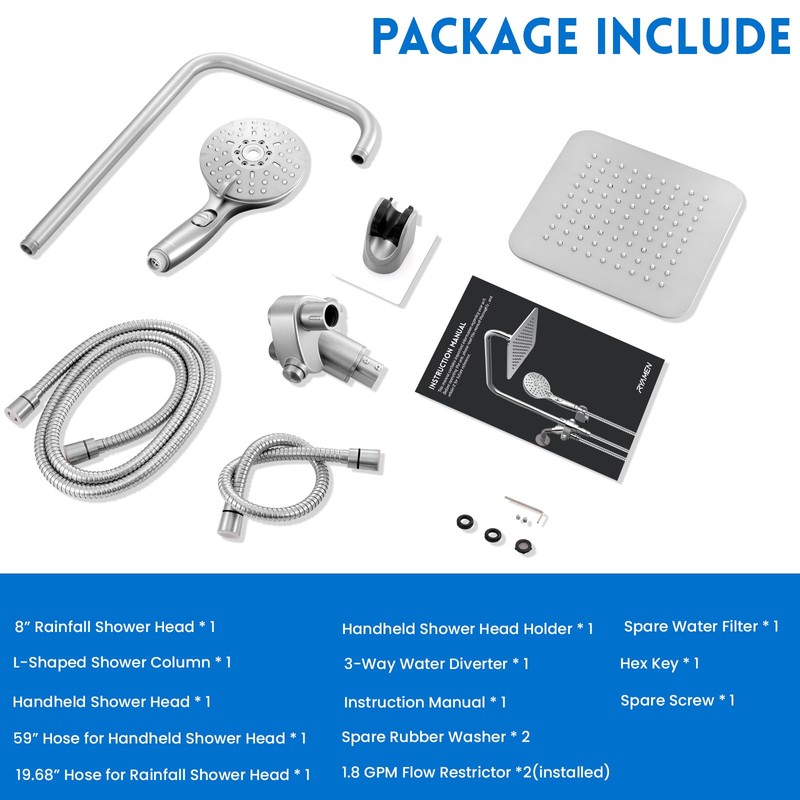 Ryamen Dual Shower Head Combo, 8'' High Pressure Rain Shower