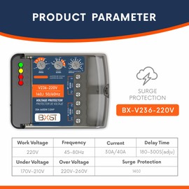 Wiring Surge Protector with Adjustable Over/Under Voltage Protection Automatic Recovery, 220V, 30A, Up to 6600W Heavy Duty Power Surge Protection for Refrigerators, Air Conditioning