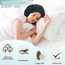 Silk Bonnet for Sleeping Women, Ajustable Hair Bonnet for Curly Hairs Satin Bonnet Reduce Friction Prevent Frizz Black，Large