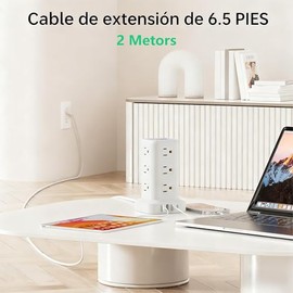SMALLRT Regleta Torre Multicontacto, Extension Electrica USB C, Conector Multiple Enchufe 1.98 M con 12 Salidas CA y 4 Puertos USB (1 USB C), Extensió