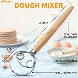 ALLTOP Danish Dough Whisk - Ultimate Dutch Mixer Hand Utensil with Stainless Steel Dough Hook - Essential Sourdough Stirring Stick for Perfect Bread Making Tool