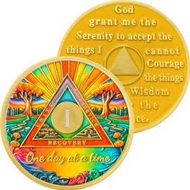 1 Year Colorful Tree Triangular Sobriety Coin | AA Medallion with Serenity Prayer and 3D Textured Finish | Recovery Anniversary Token for Men & Women | Unique AA Sobriety Gifts for Yearly Milestones