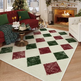 Lahome Christmas Area Rug 5x7 Washable Living Room Rug, Large Soft Bedroom Rug, Checkered Moroccan Non Slip Non Shedding Low Pile Accent Print Indoor Carpet for Winter Dining Room Decor, Red/Green