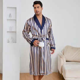 QUOTUAP Men's Satin Long Robe, Silk Kimono Bathrobe, Lightweight And Soft Nightgown, Silk Pajamas(US, Alpha, Medium, Regular, Regular, Tibetan blue stripe)