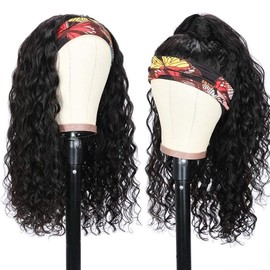 mmiQus Water Wave Headband Wig Human Hair Glueless Non Lace Front Wig Machine Made Wigs 180% Density Brazilian Wet and Wavy Curly Hair Headband Half Wigs for Black Women Natural Black Color 18Inch