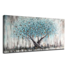 Arjun Tree Wall Art Teal Blue Nature Tree of Life Abstract Canvas Painting Textured Picture, Modern Large Panoramic Landscape Artwork Framed for Living Room Bedroom Bathroom Office Home Decor 40"x20"