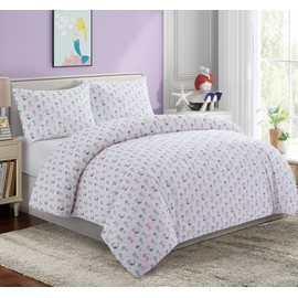 Marina Decoration Kids Girls Toddlers Cute Printed 600 Thread Count Soft Cotton Blend Percale 4 Pieces Duvet Cover Fitted Sheet Ensemble Bedding Set, Cartoon Mermaid Pattern Queen Size