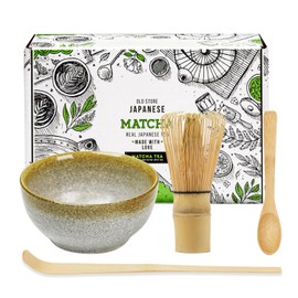 KAISHANE Japanese Matcha Whisk Set Matcha Tea Ceremony Set of 4 Including 100 Prong Matcha Whisk, Traditional Scoop, Tea Spoon and Ceramic Matcha Bowls