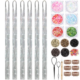 Silver Hair Tinsel Kit With Body Glitter 48 Inch 3000 Strands Glitter Tinsel Hair Extensions With Tools Fairy Hair Accessories, Suitable for Festivals and Daily Use (Silver Hair Tinsel Kit)