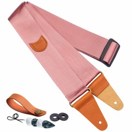 Nefelibata Guitar Strap, Nylon - Rose Gold, Full Grain Leather Ends, Adjustable, with Pick Pocket, Strap Locks & Button for Acoustic, Bass, Electric Guitar