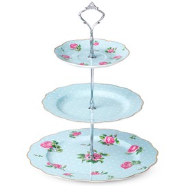 BTaT- Floral 3 Tier Cake Stand, Porcelain, Pastel Blue with Pink Roses & Gold Trim, 3 Tiered Dessert Stand for Cookies, Cupcakes & Fruits, Dishwasher Safe