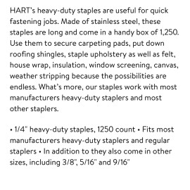 HART 1/4-Inch | 6mm HEAVY-DUTY STAPLES 1250 ct. Fits All Heavy-Duty Staplers