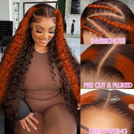 Grace Queen Ginger Orange 9x6 Lace Front Wigs Human Hair Deep Wave Pre Plucked Pre Cut Wear and Go Glueless Wigs Human Hair for Women 9x6 HD Lace Front Curly Human Hair Wig Brazilian Hair 26Inch