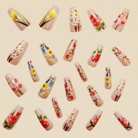 24 Pcs Colorful Flower Press on Nails Medium Coffin Shaped Fake Nails Glossy False Nails with Lily Rose Designs Spring Floral Full Cover Acrylic Nails Stick on Nails for Women Nails DIY Manicure