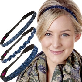 Hipsy Regular Size, Adjustable No Slip Sparkly Bling Mixed 3pk Headbands for Women Girls & Teens (Bling Glitter Mixed Navy Blue)