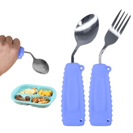 Adaptive Utensils, Weight Utensils for Tremors and Parkinson Patients, Utensil Set Spoon and Fork for Elderly (Left Hand - 1 Set Purple Spoon and Fork)