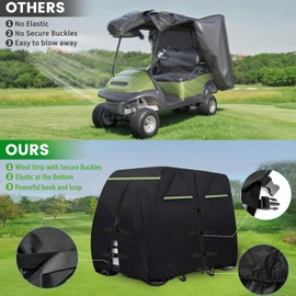 QEWTYI Golf Cart Cover 420D Outdoor 360° Windproof Design Compatible with EZGO Golf Cart 2/4 Passengers with 3 Zipper Doors Windproof Sunproof All-Weather Full Cover,Black (108" L x 48" W x 66" H)