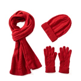 Villand 3 in 1 Womens Wool Hat Gloves & Scarf Winter Set, 3 Piece Cable Knitted Beanie Hat for Women with Gift Box, Burgundy